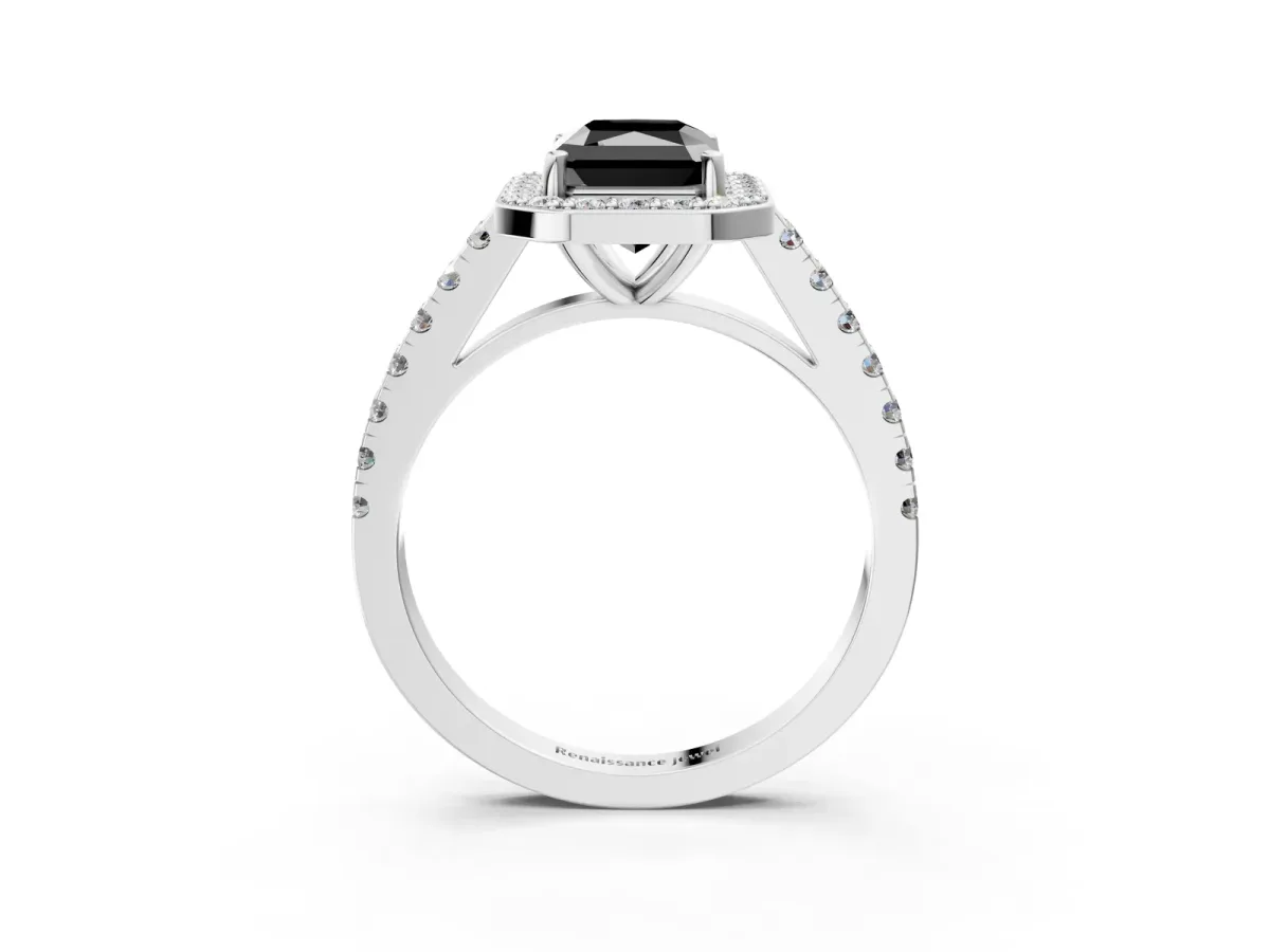 Fancy Black Radiant Cut Diamond Halo Ring with Round Pavé Split Shank and Prong Setting Platinum