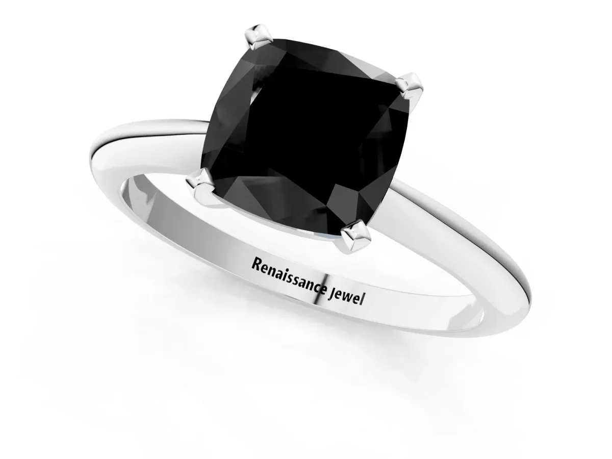 Fancy Black Cushion Cut Diamond Solitaire Engagement Ring with Classic Band and Four-Prong Setting Silver