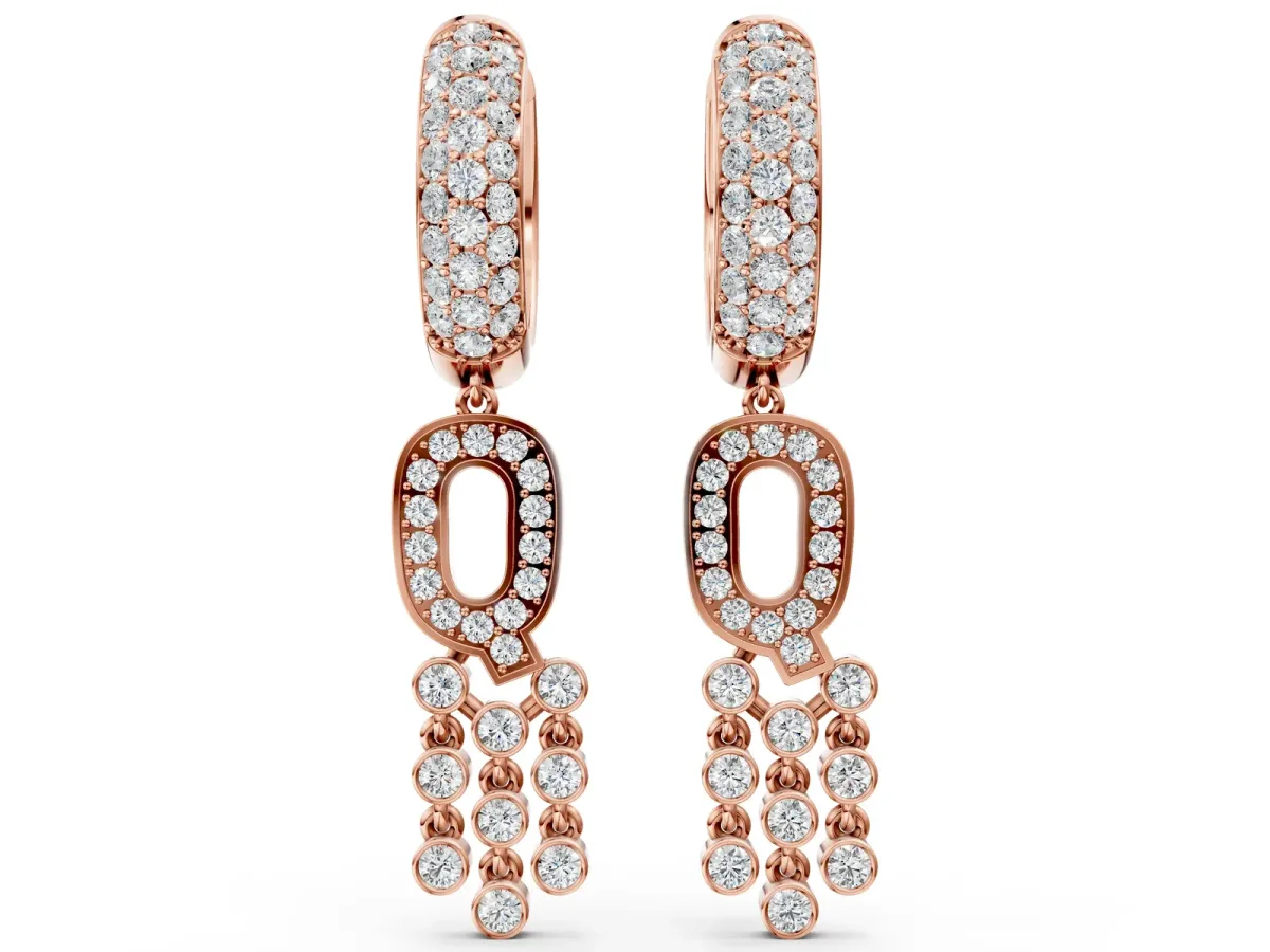 Round Diamond Initial Q Huggie Hoop Earrings Rose gold