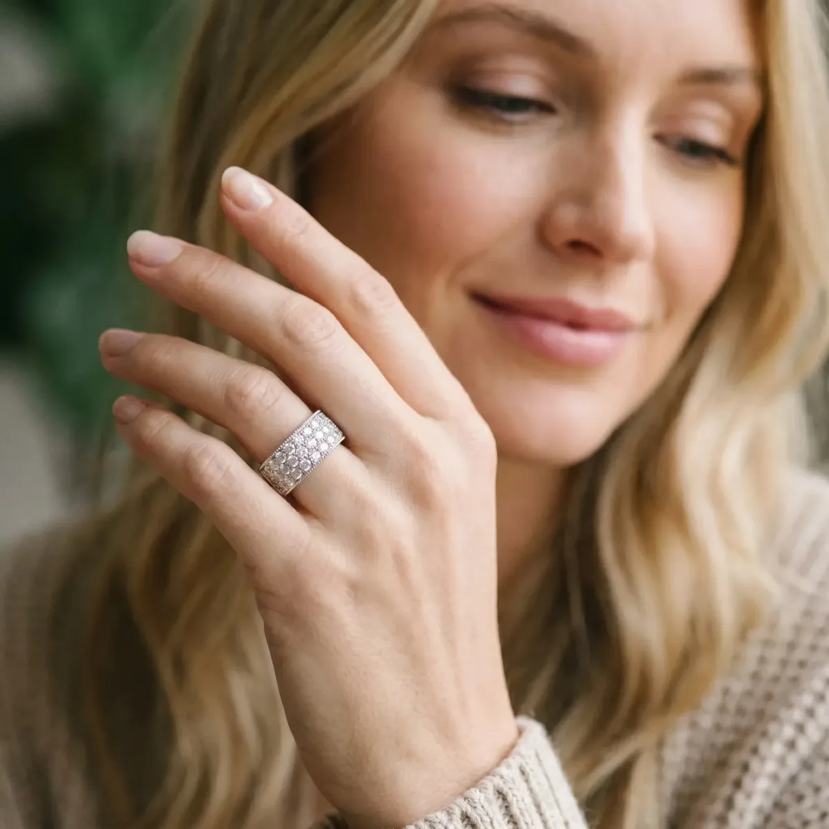 Pavé Round Diamond Wide Band with Milgrain Edge Platinum