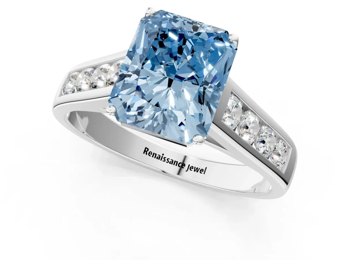 Fancy Blue Radiant Cut Solitaire Channel-Set Diamond Engagement Ring with Four-Prong Setting Platinum