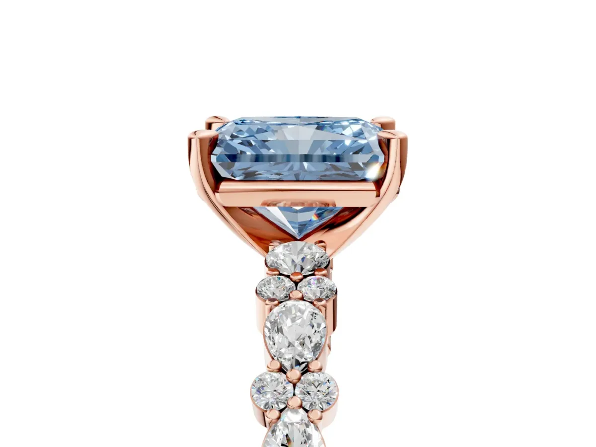 Fancy Blue Radiant Cut Diamond Side Stone Solitaire Ring with Round and Four-Prong Setting Rose gold