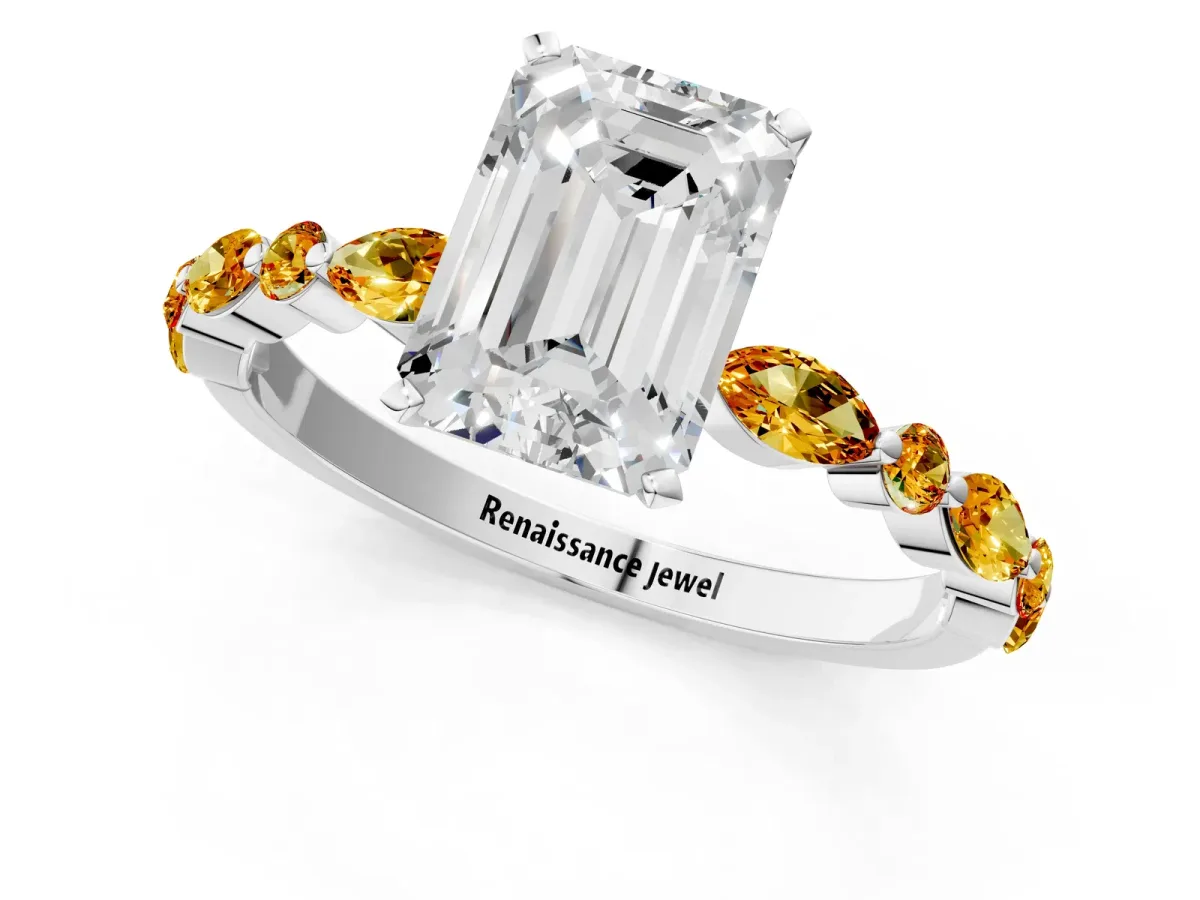 Emerald Cut Diamond Ring with Marquise and Round Citrine Side Stones and Four-Prong Setting Silver