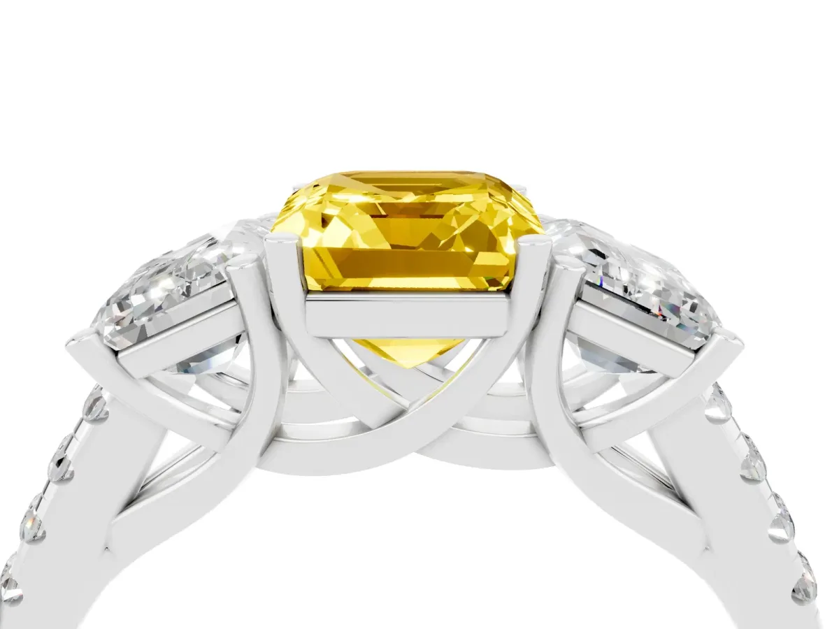 Three-Stone Emerald Cut Yellow Sapphire Ring with Round Pavé Band and Prong Setting Platinum