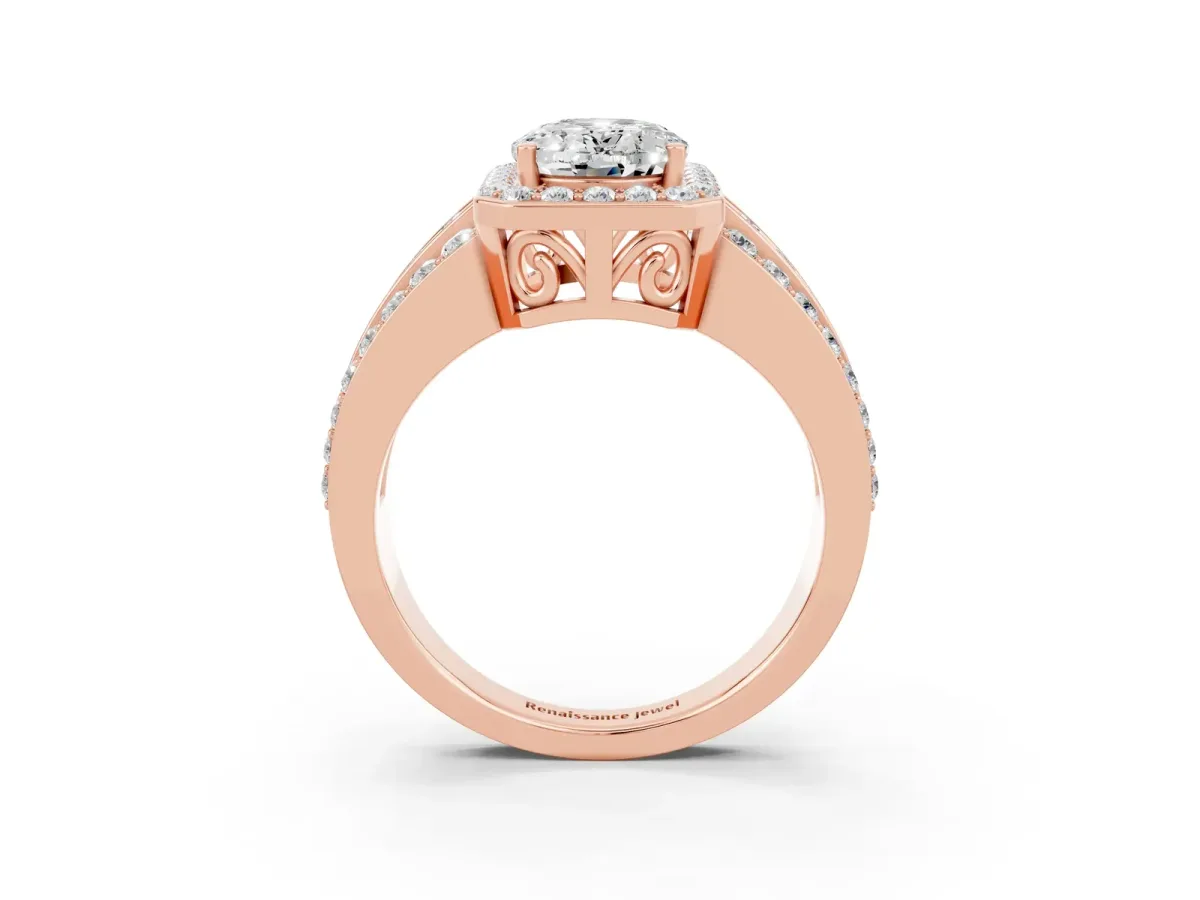 Oval Cut Halo Moissanite Ring with Round Split Shank and Prong Setting Rose gold
