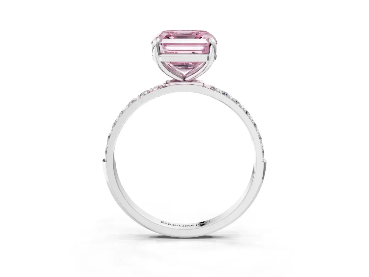 Fancy Pink Asscher Cut Diamond Solitaire Ring with Round Pavé Band and Prong Setting Silver