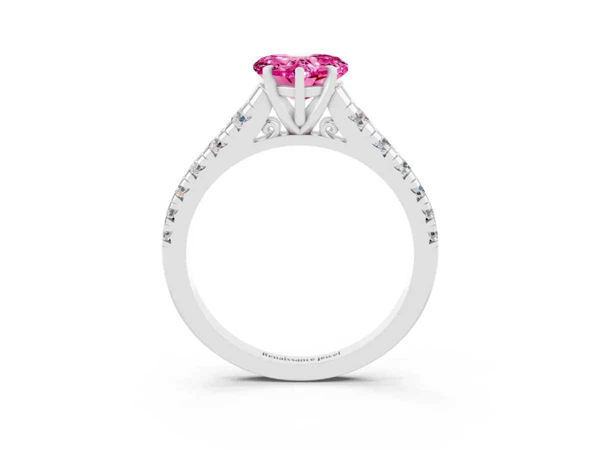 Heart Cut Pink Sapphire Cathedral Solitaire Ring with Round Pavé Band Silver