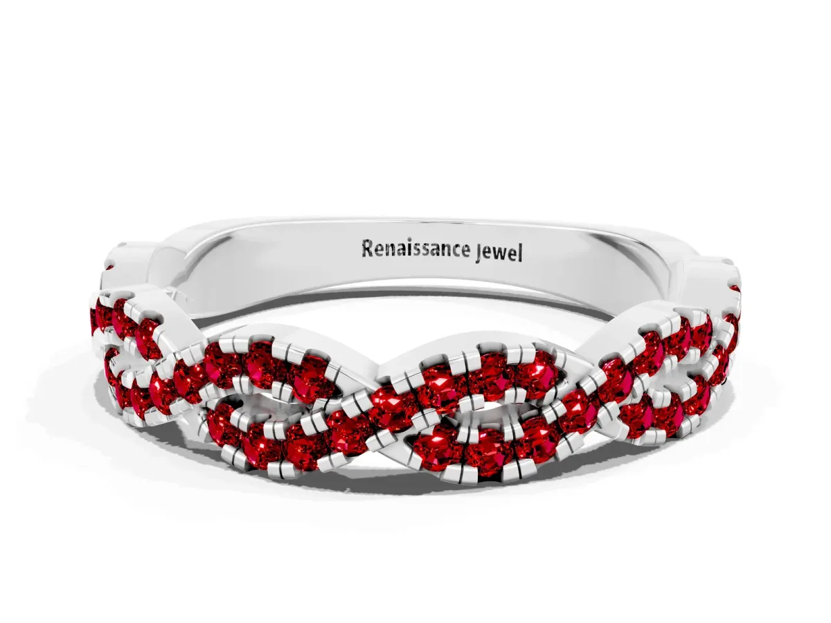 Round Ruby Twisted Eternity Band with Pavé and Shared Prong Setting Platinum