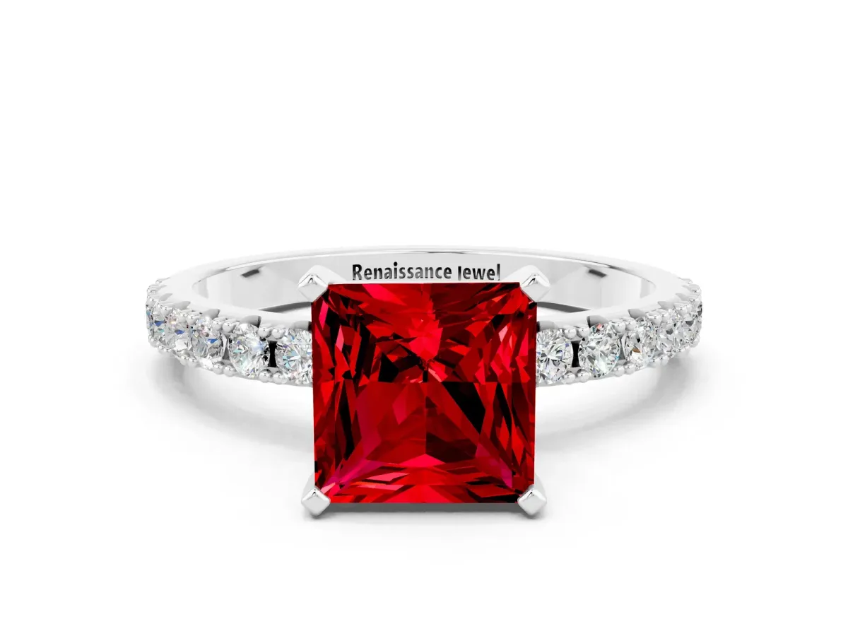 Princess Cut Ruby Solitaire Pavé Band with Four-Prong Setting White gold