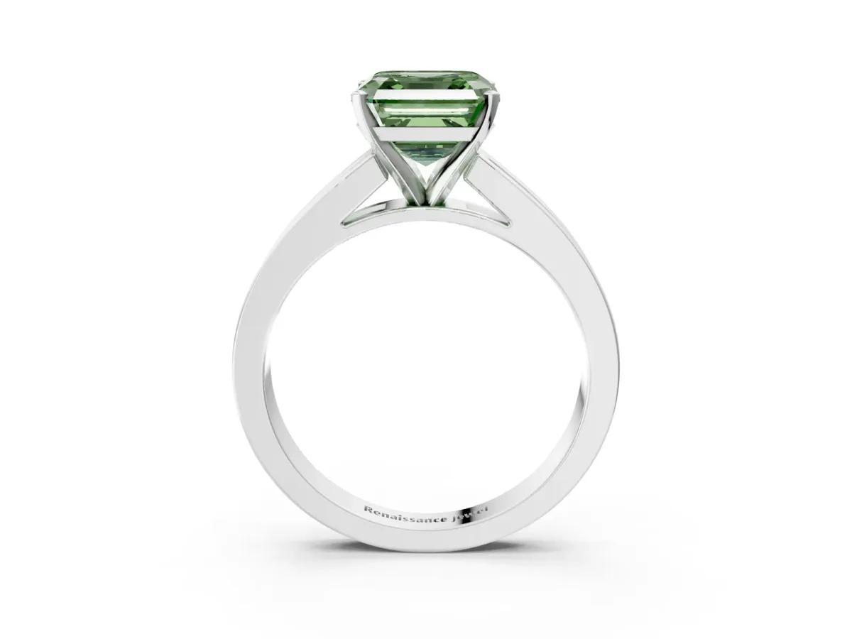 Fancy Green Asscher Cut Solitaire Diamond Ring with Channel-Set Band and Four-Prong Setting Platinum