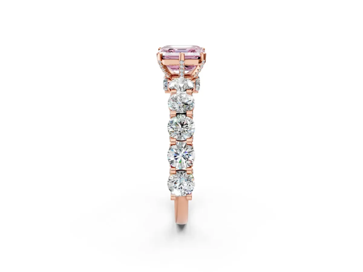Fancy Pink Asscher Cut Diamond Side Stone Engagement Ring with Four-Prong Setting Rose gold