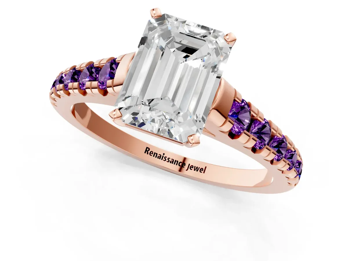 Emerald Cut Diamond Cathedral Solitaire Ring with Round Amethyst Pavé Band Rose gold