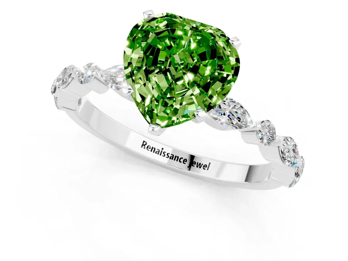 Heart Cut Peridot Ring with Marquise and Round Side Stones and Four-Prong Setting Silver