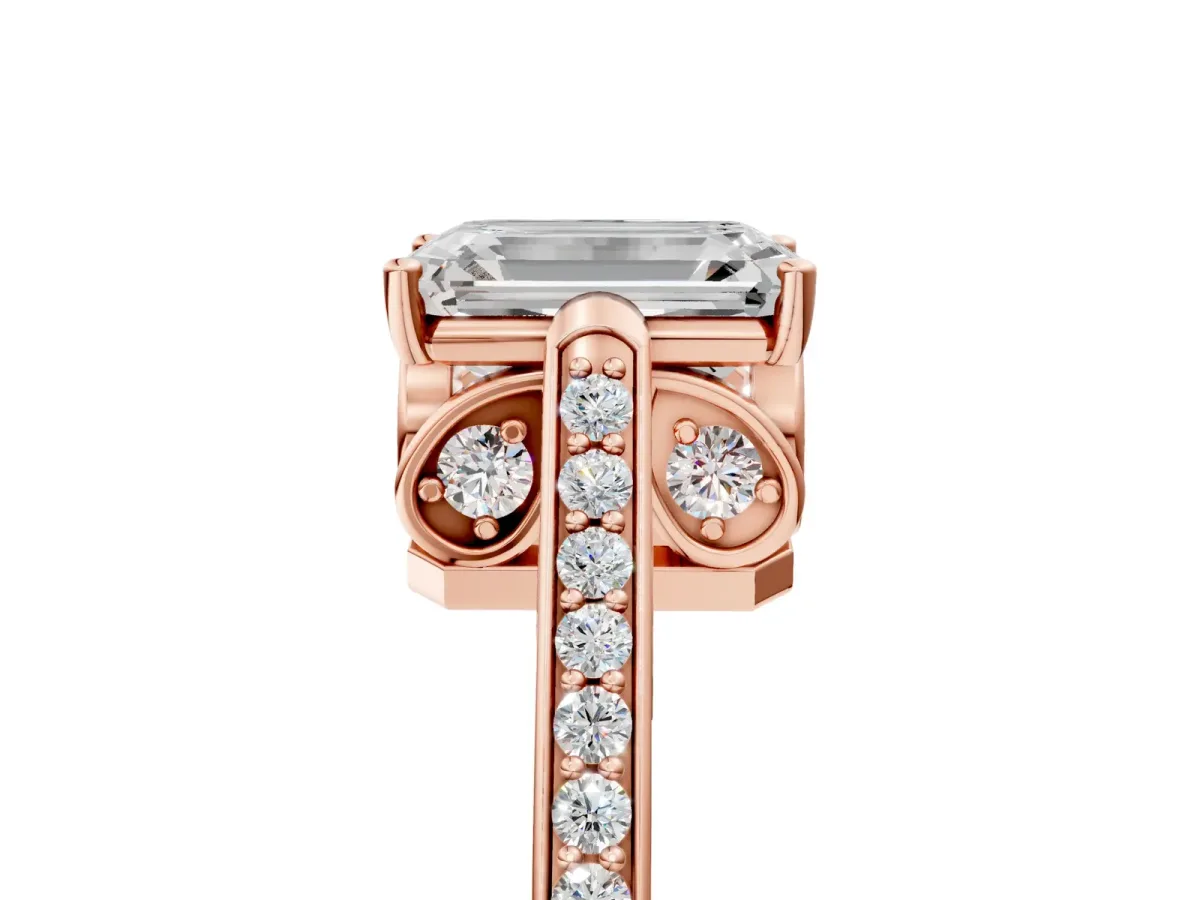Emerald Cut Cut Cathedral Pave Diamond Engagement Ring with Six-Prong Setting Rose gold