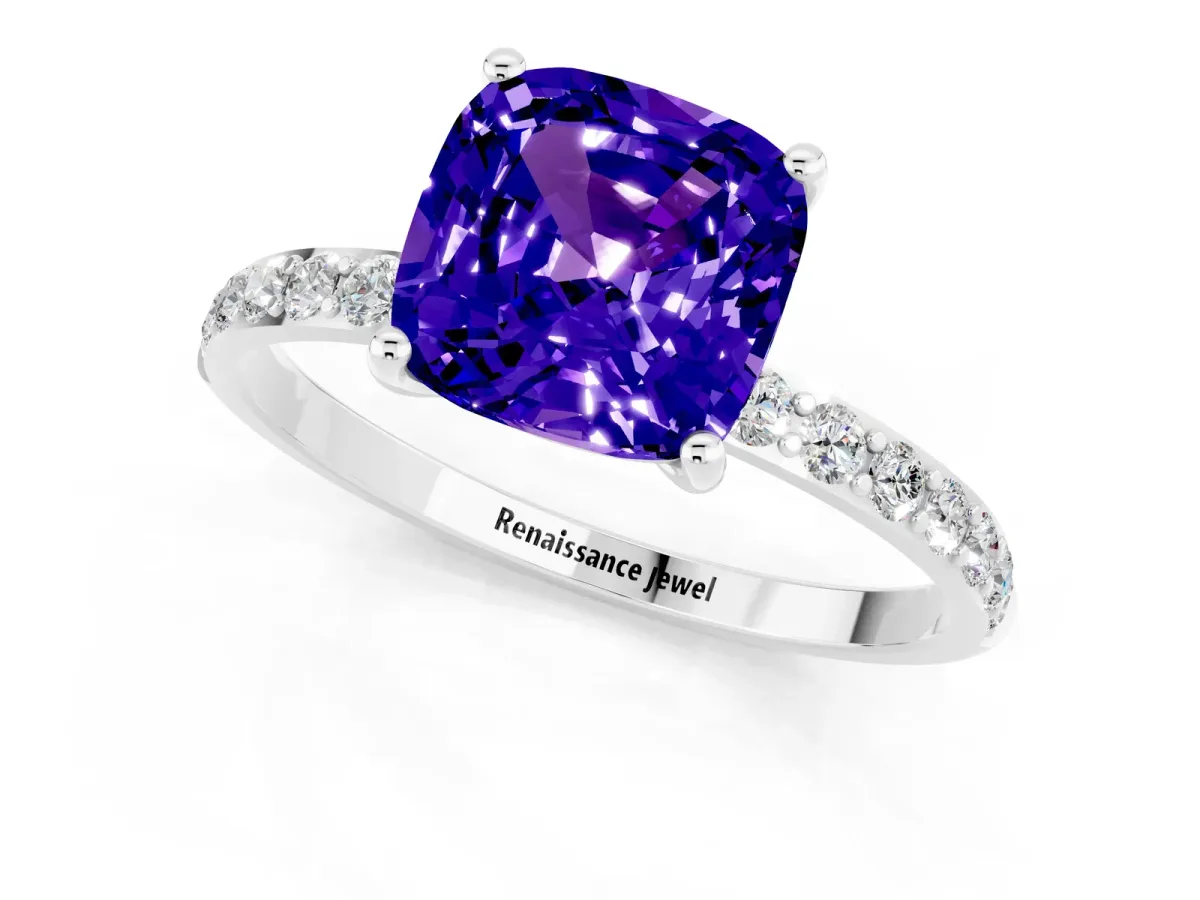 Cushion Cut Tanzanite Solitaire Ring with Round Pavé Band and Prong Setting Silver