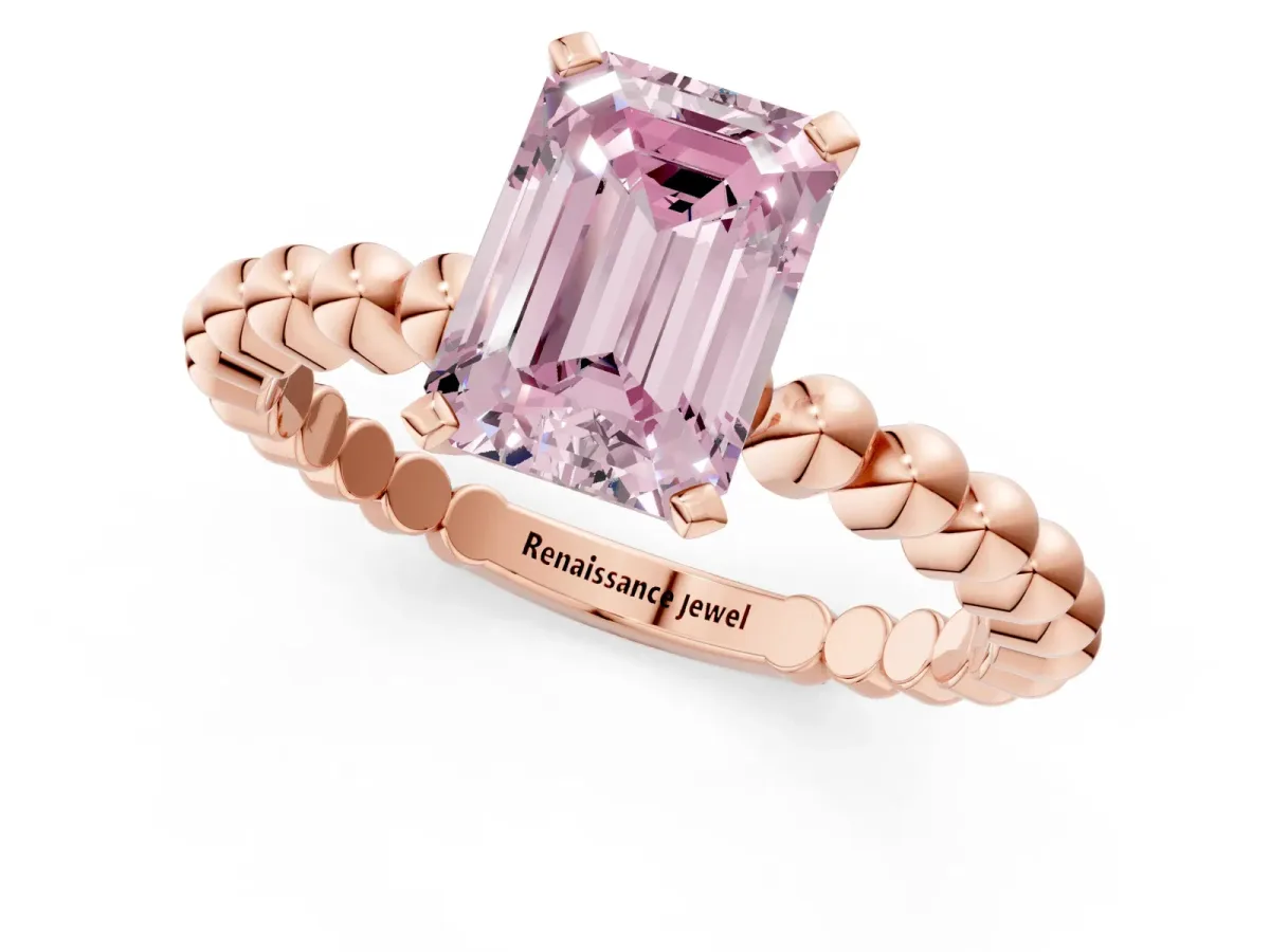 Fancy Pink Emerald Cut Diamond Solitaire Ring with Beaded Band and Prong Setting Rose gold