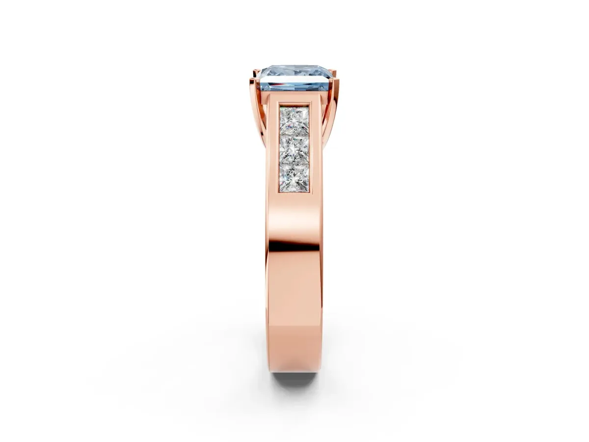 Fancy Blue Princess Cut Cut Channel Set Solitaire Ring with Four-Prong Setting Rose gold