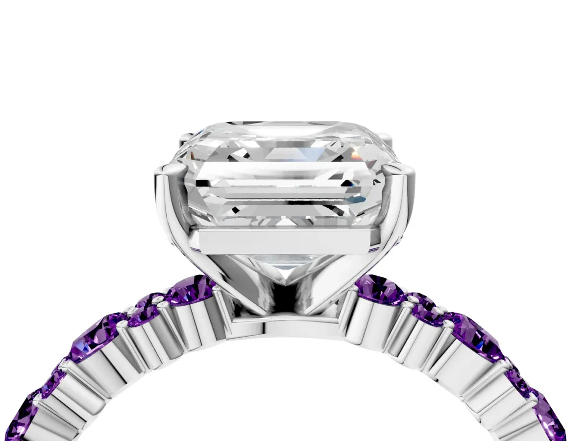 Asscher Cut Diamond Side Stone Solitaire Ring with Round Amethyst and Four-Prong Setting Silver