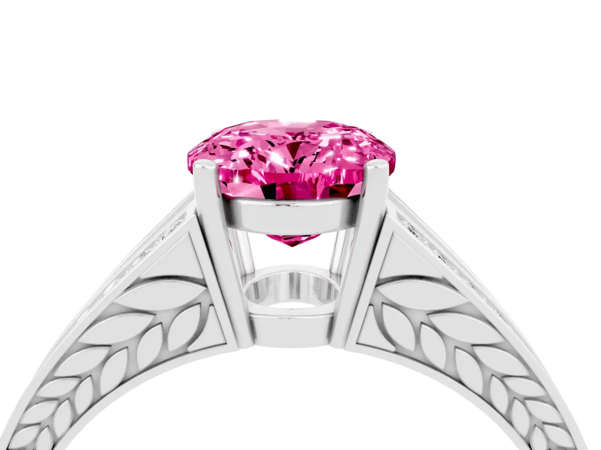 Oval Cut Pink Sapphire Split Shank Ring with Pavé Band and Four-Prong Setting White gold