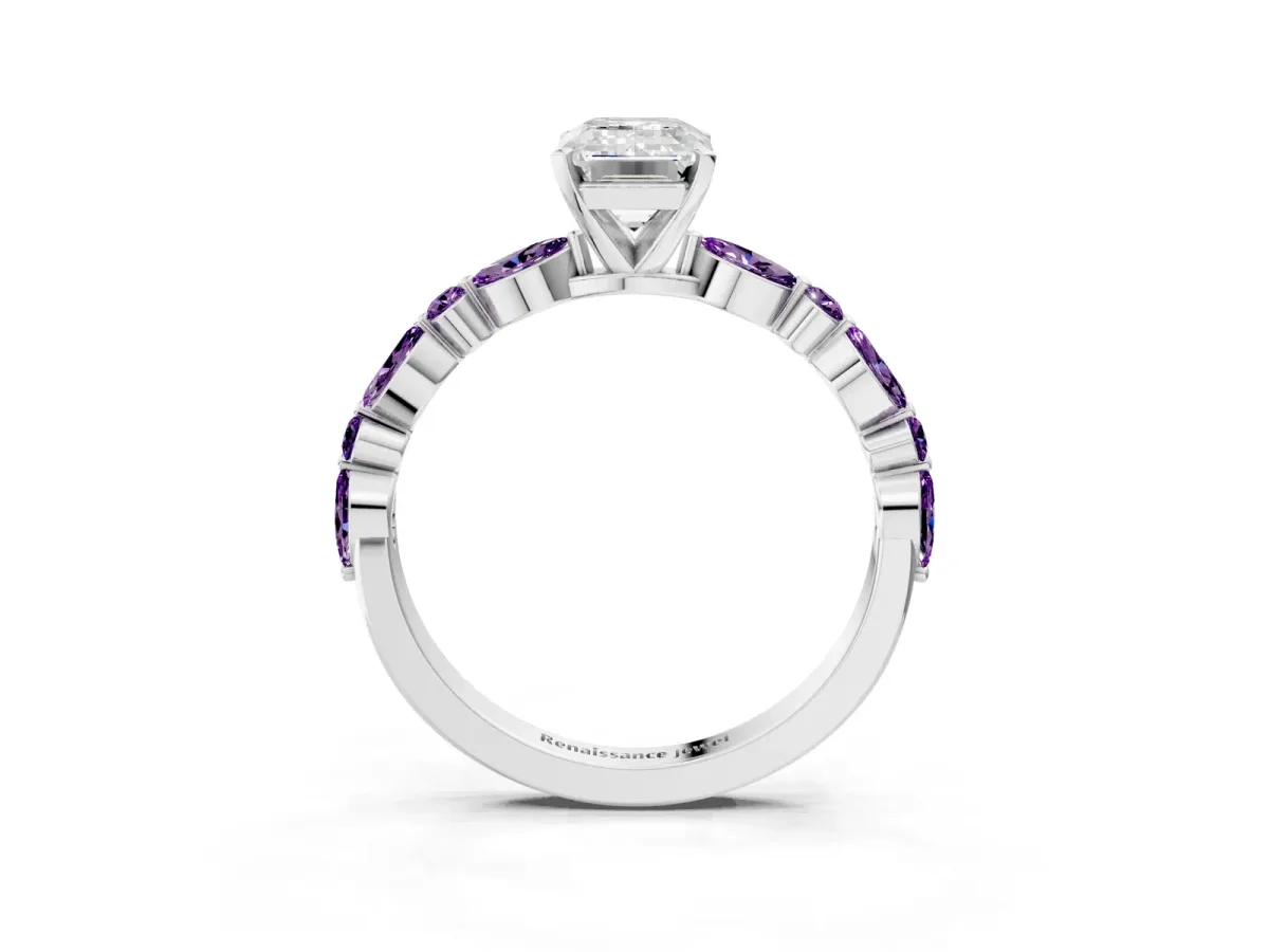 Emerald Cut Diamond Ring with Marquise and Round Amethyst Side Stones and Four-Prong Setting Silver
