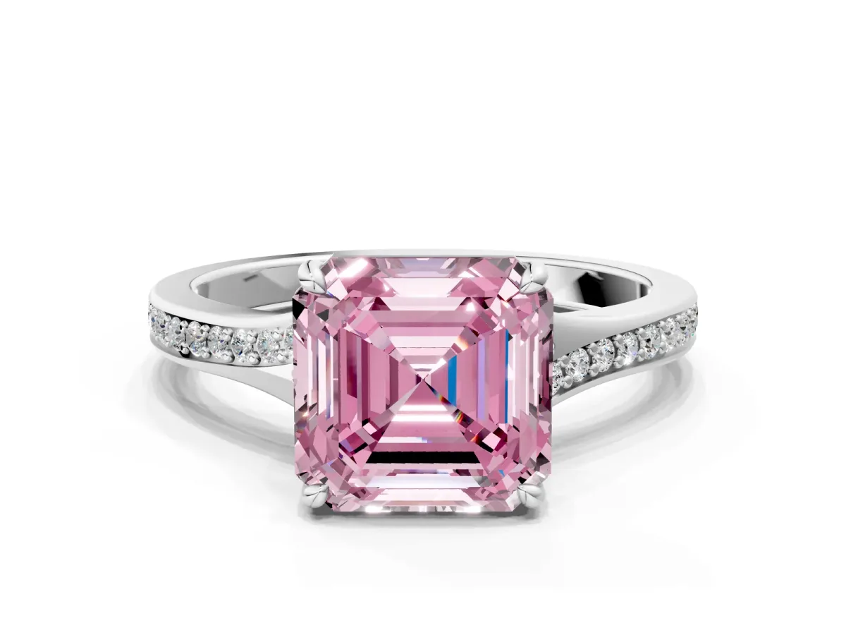 Fancy Pink Asscher Cut Diamond Solitaire Ring with Pavé Band and Prong Setting Platinum