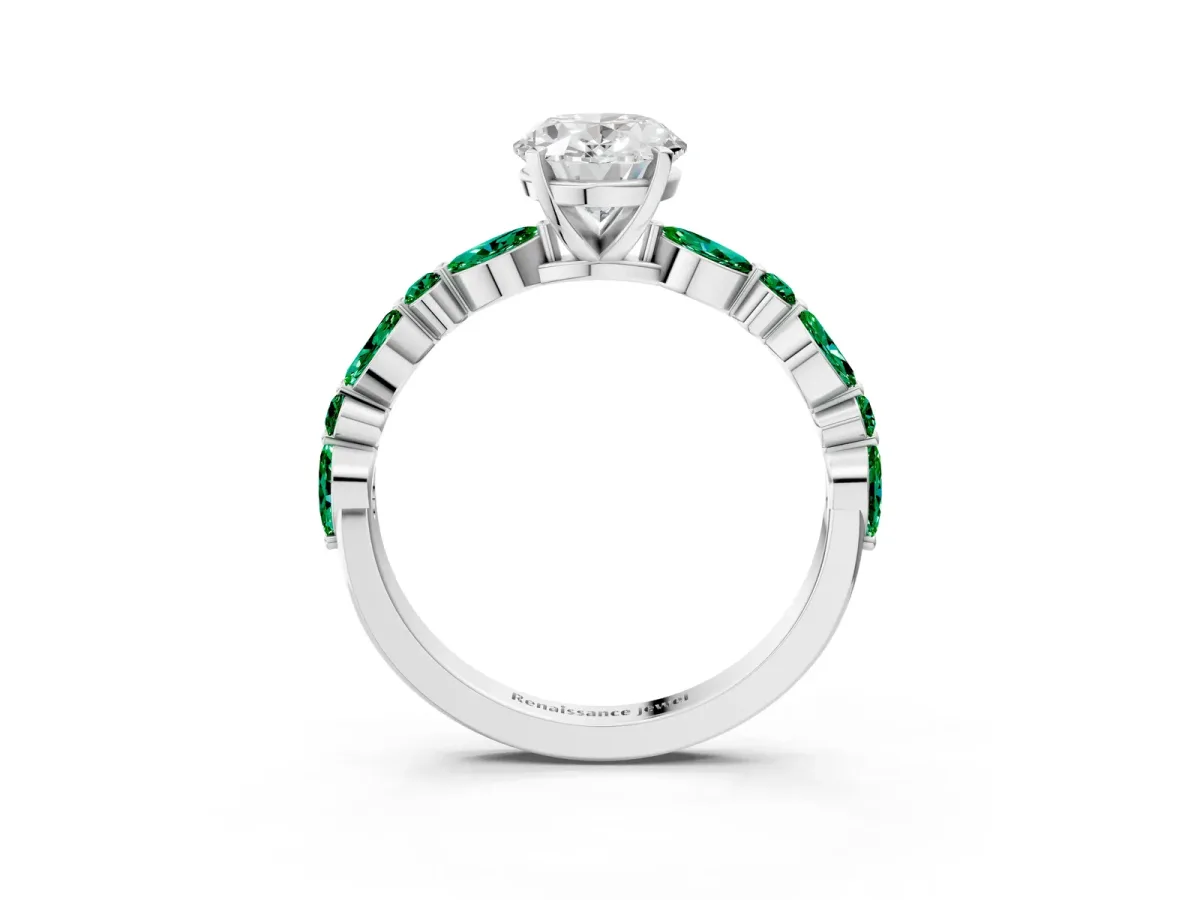 Oval Cut Diamond Ring with Marquise and Round Emerald Side Stones and Four-Prong Setting Silver