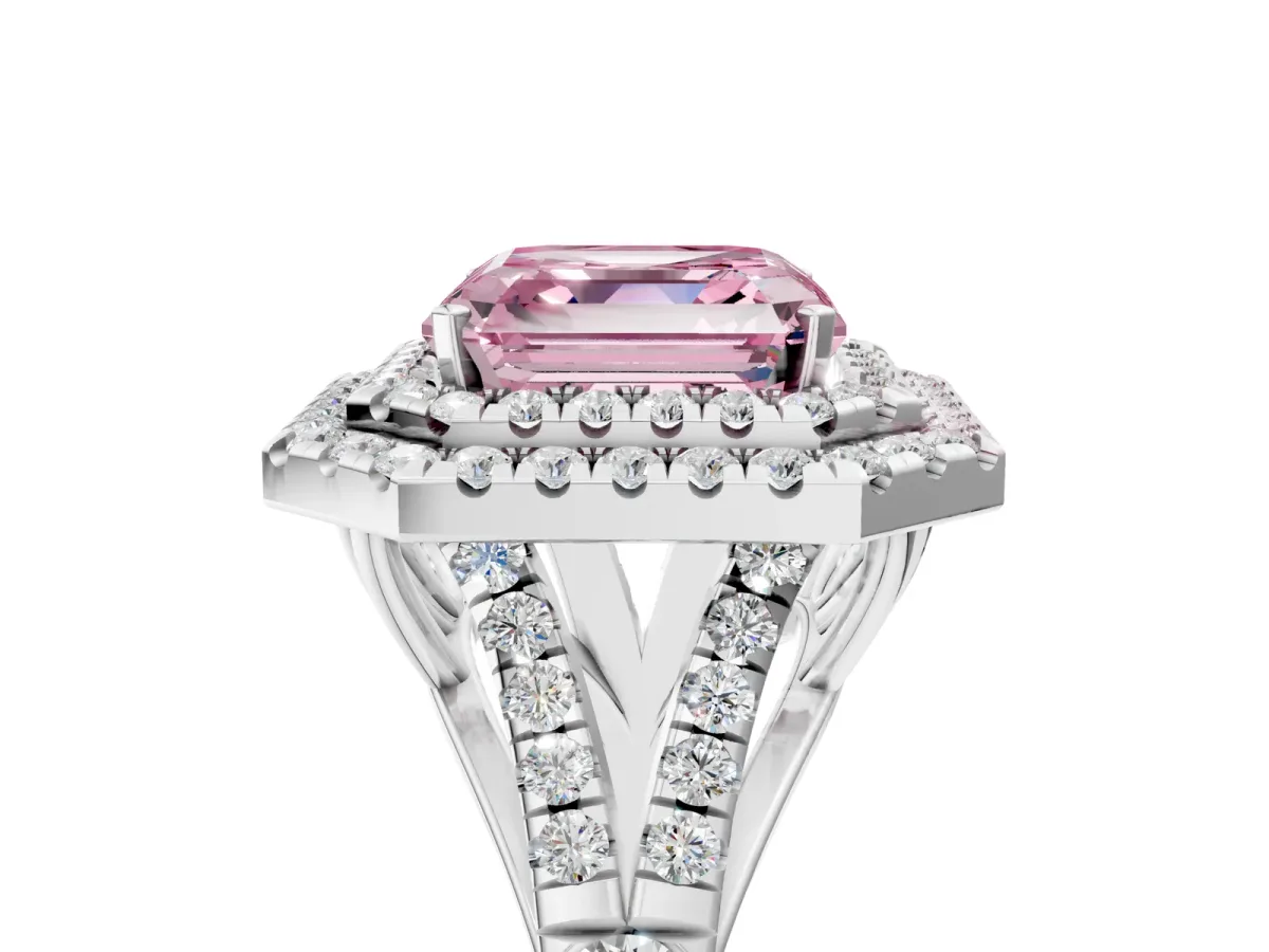 Fancy Pink Asscher Cut Diamond Pavé Split Shank Double Halo Engagement Ring Platinum
