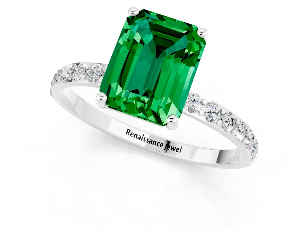 Emerald Cut Emerald Solitaire Ring with Round Pavé Band and Prong Setting Platinum