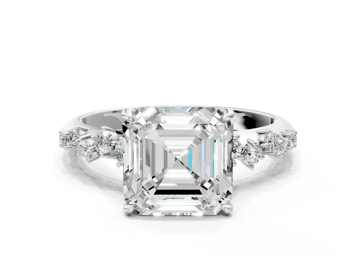 Asscher Cut Diamond Cluster Side Stone Solitaire Ring with Prong Setting Platinum