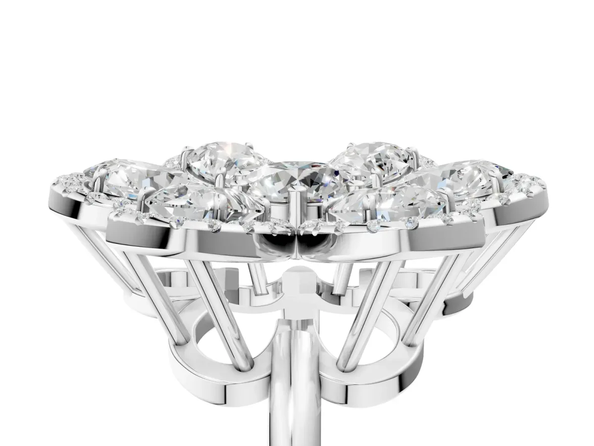 Pear Diamond Floral Promise Ring with Round Diamond Center Silver