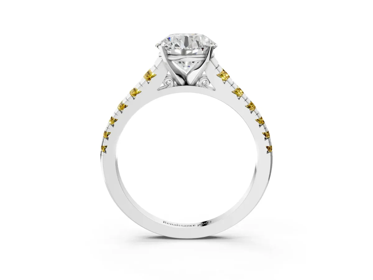 Round Cut Diamond Cathedral Solitaire Ring with Round Yellow Sapphire Pavé Band Silver