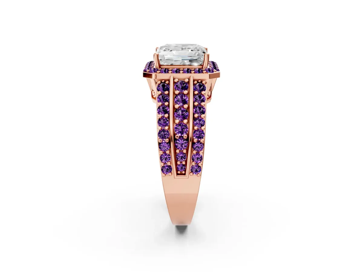 Princess Cut Halo Diamond Ring with Round Amethyst Split Shank and Prong Setting Rose gold