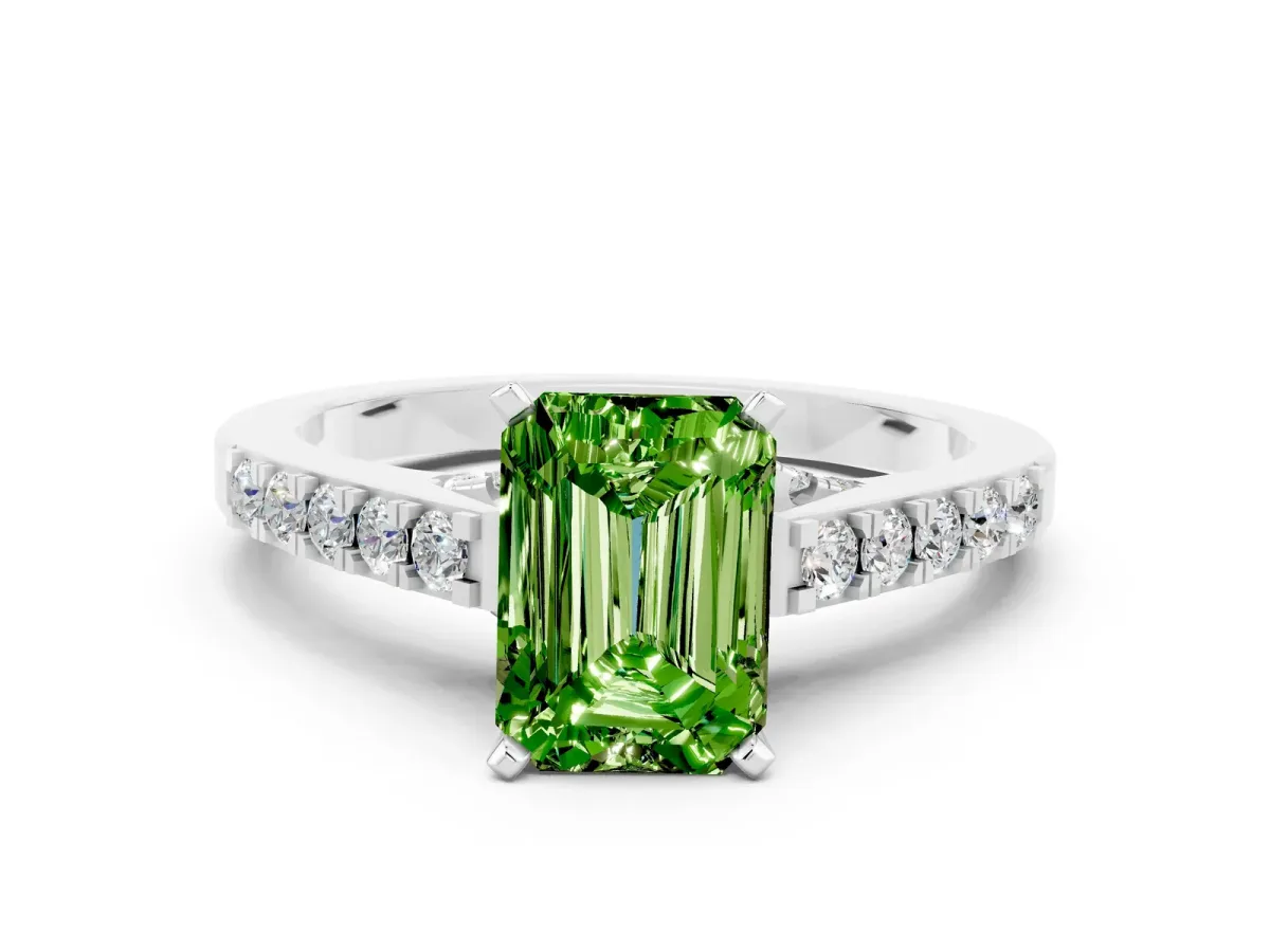 Emerald Cut Peridot Solitaire Ring with Crossover Gallery and Round Pavé Band Silver