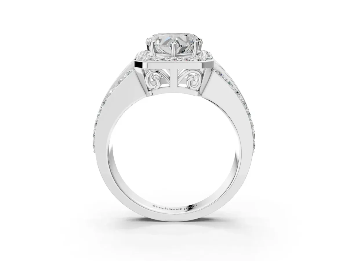 Heart Cut Halo Diamond Ring with Round Split Shank and Prong Setting Silver