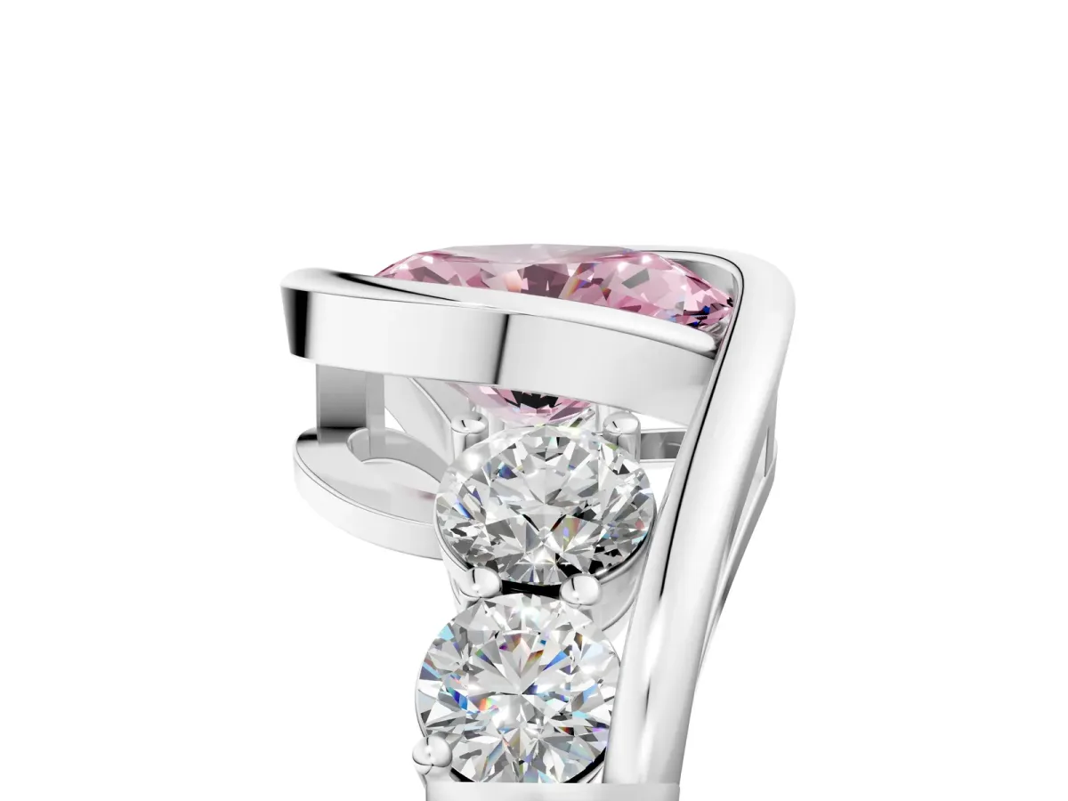 Fancy Pink Bezel Set Oval Cut Diamond Bypass Ring with Round Accents Platinum