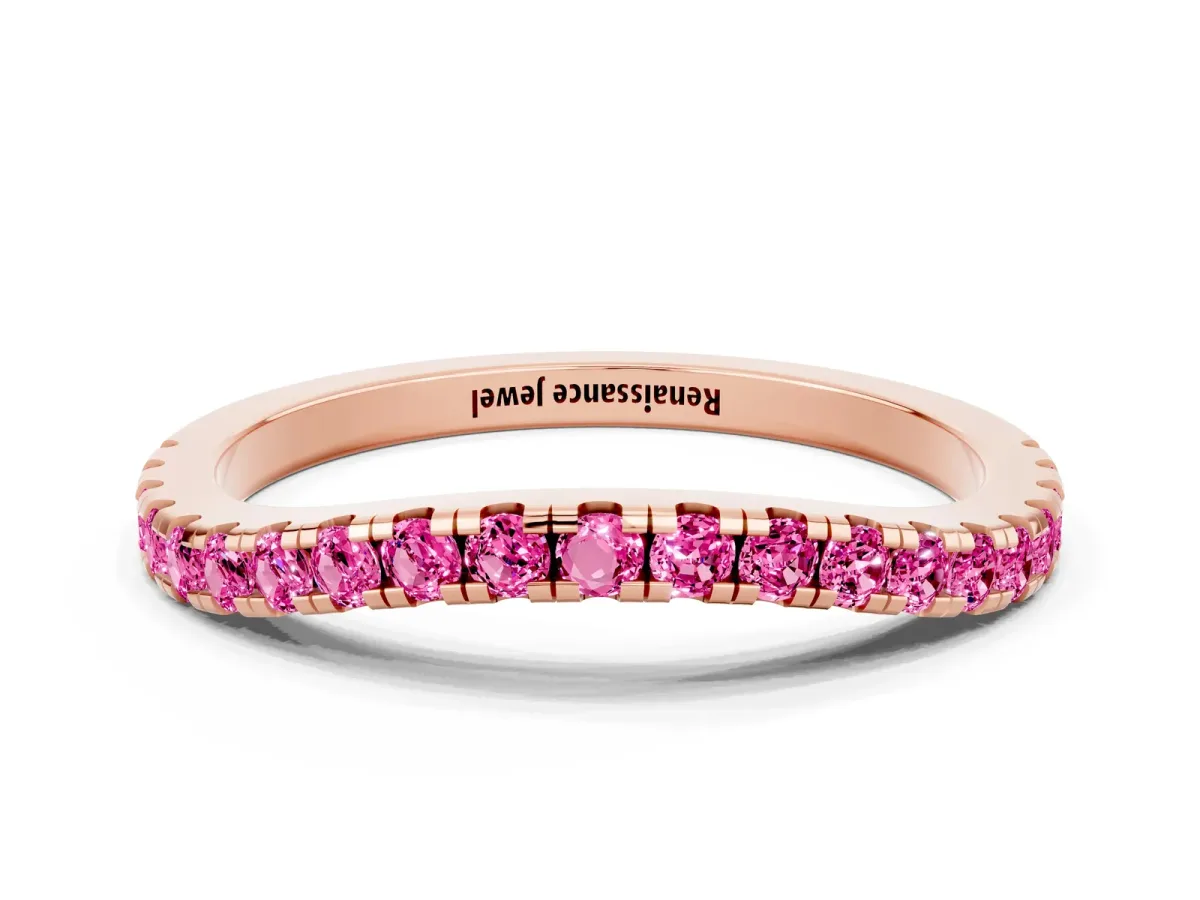 Round Pink Sapphire Pavé Half Eternity Band with Shared Prong Setting Rose gold