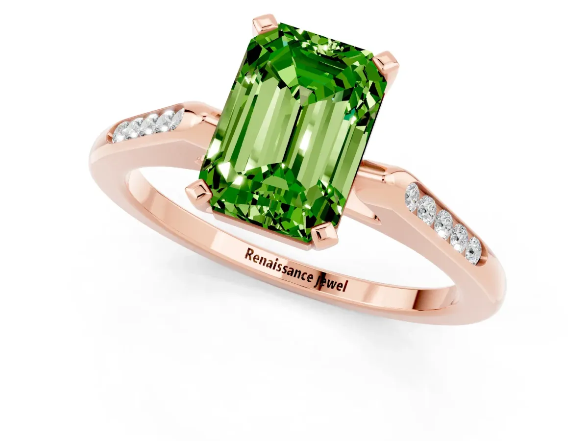 Emerald Cut Peridot Solitaire Ring with Channel Set Round Band and Prong Setting Rose gold