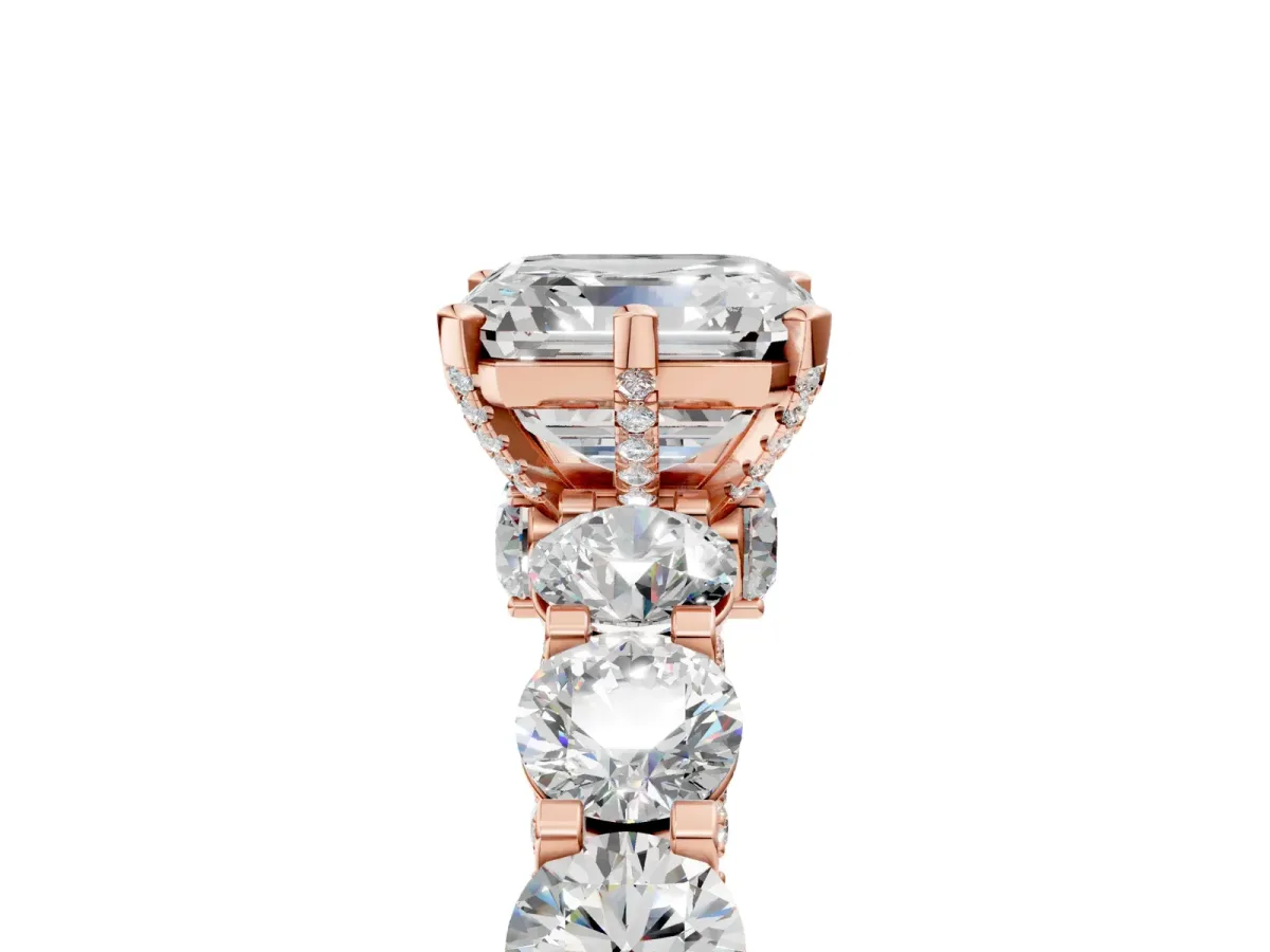 Asscher Cut Diamond Side Stone Engagement Ring with Four-Prong Setting Rose gold