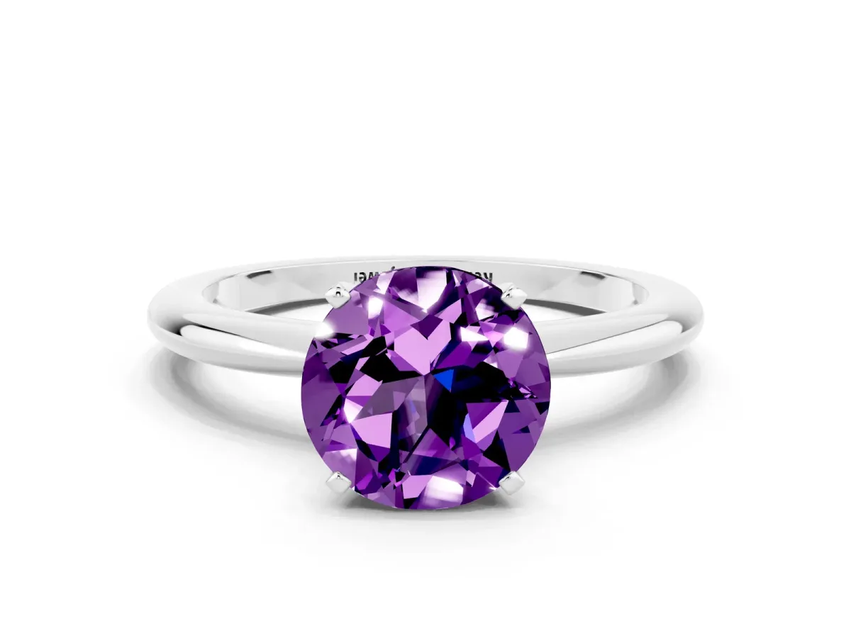 Round Cut Amethyst Solitaire Ring with Six-Prong Setting and Classic Band Silver