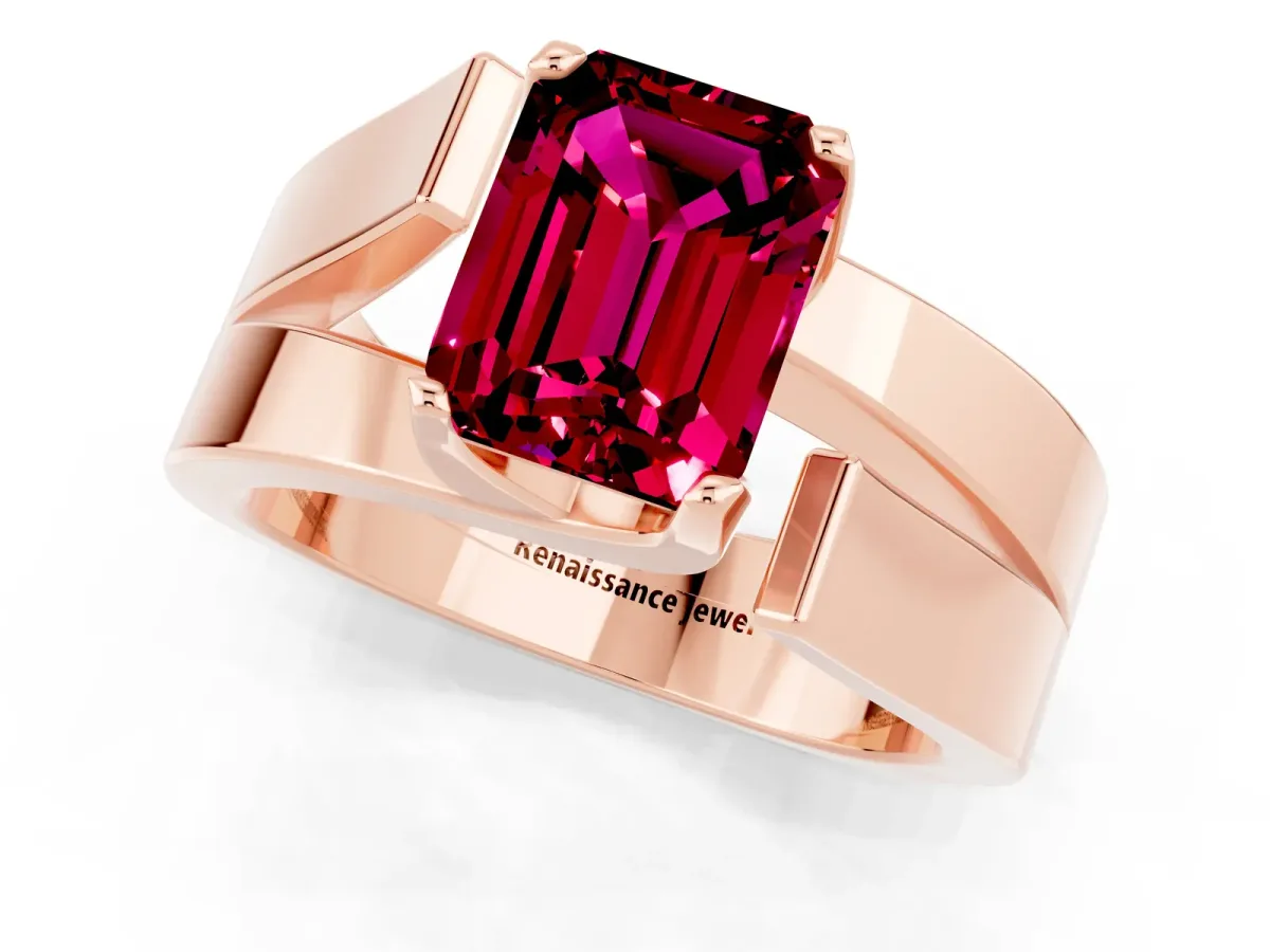 Modern Tension Set Emerald Cut Garnet Solitaire Wide Band Ring Rose gold
