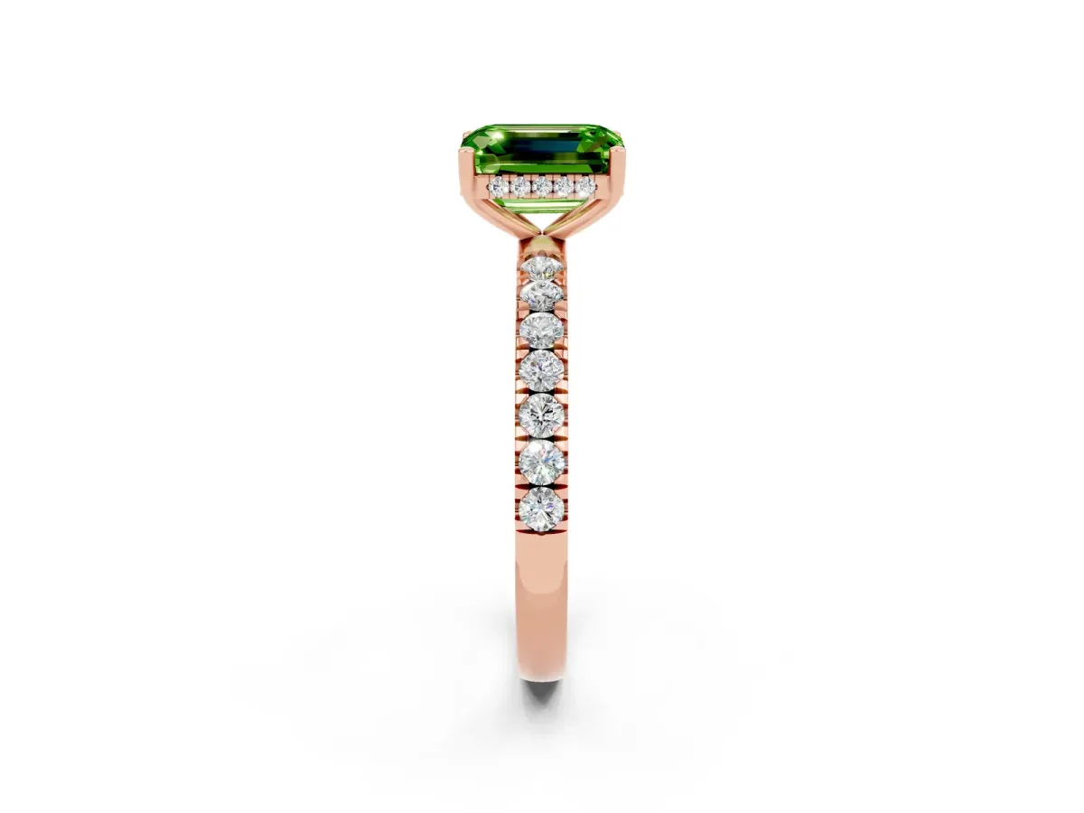 Emerald Cut Peridot Pave Band Solitaire Ring with Round and Prong Setting Rose gold