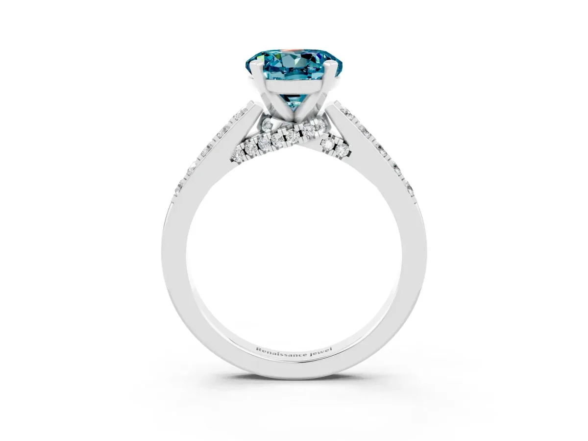 Round Cut Blue Topaz Solitaire Ring with Crossover Gallery and Round Pavé Band Silver