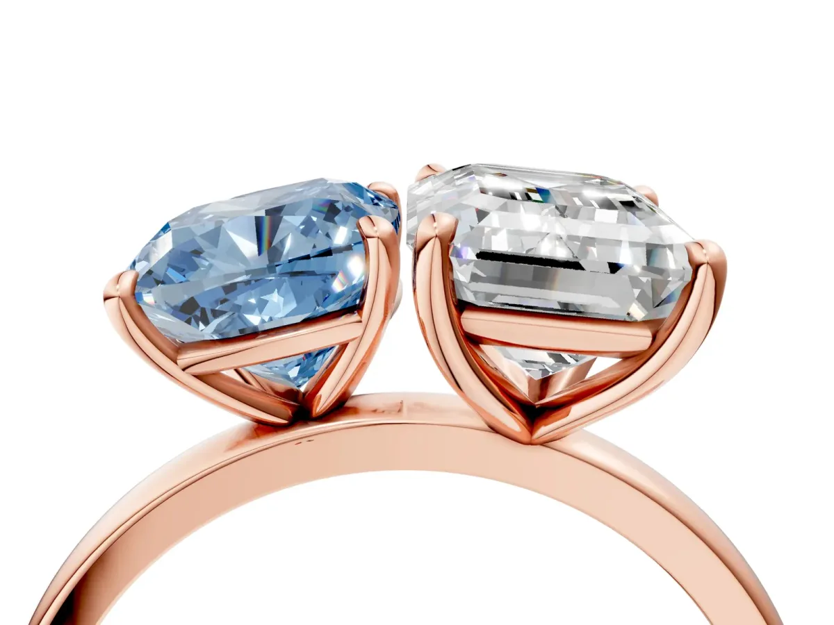 Fancy Blue Cushion Cut and Emerald Cut Toi Moi Ring with Prong Setting Rose gold