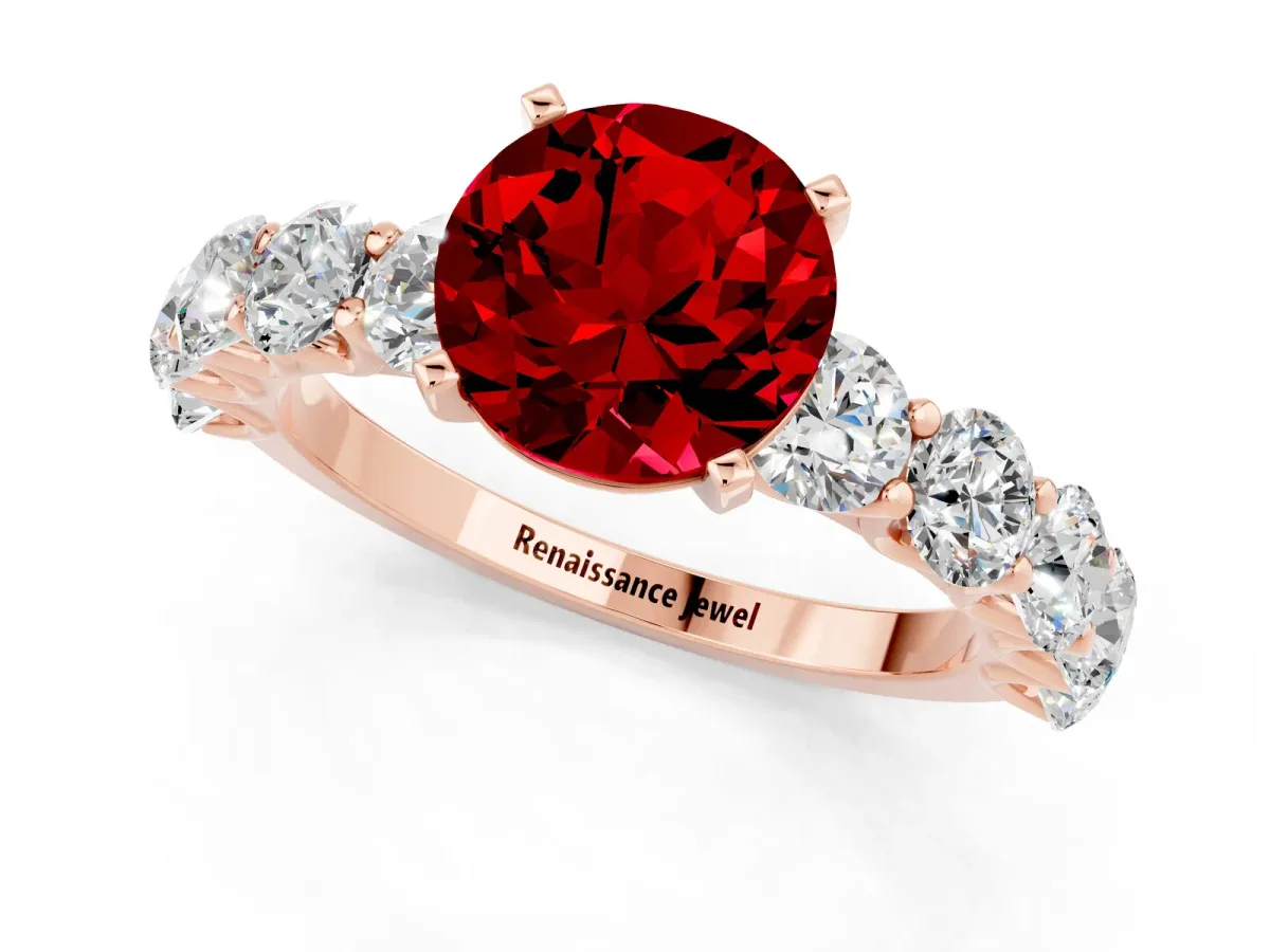 Round Cut Ruby Prong Setting with Side Stones on a Pave Band Rose gold