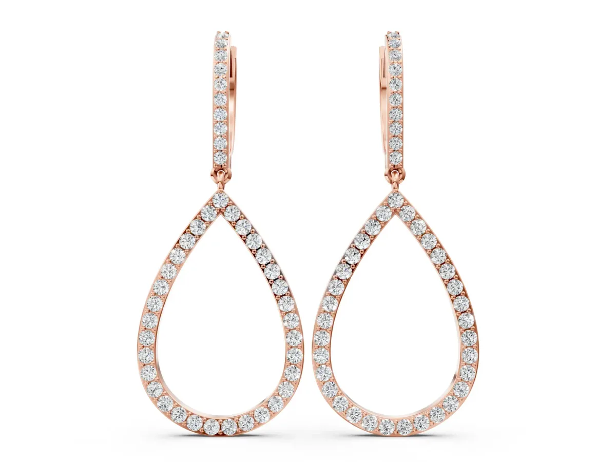 Round Diamond Teardrop Drop Earrings Rose gold