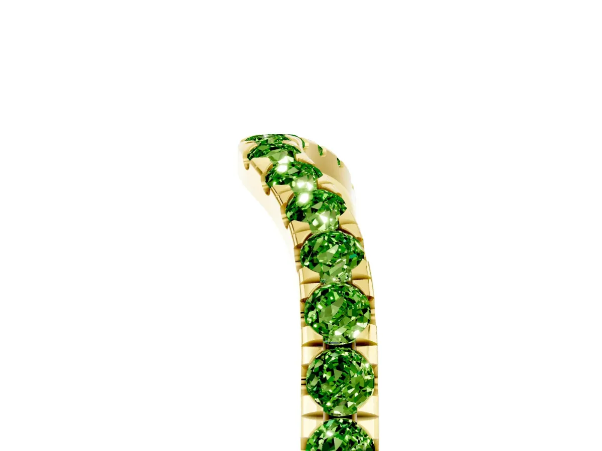 Curved Pavé Round Peridot Wedding Band with Shared Prong Setting Yellow gold