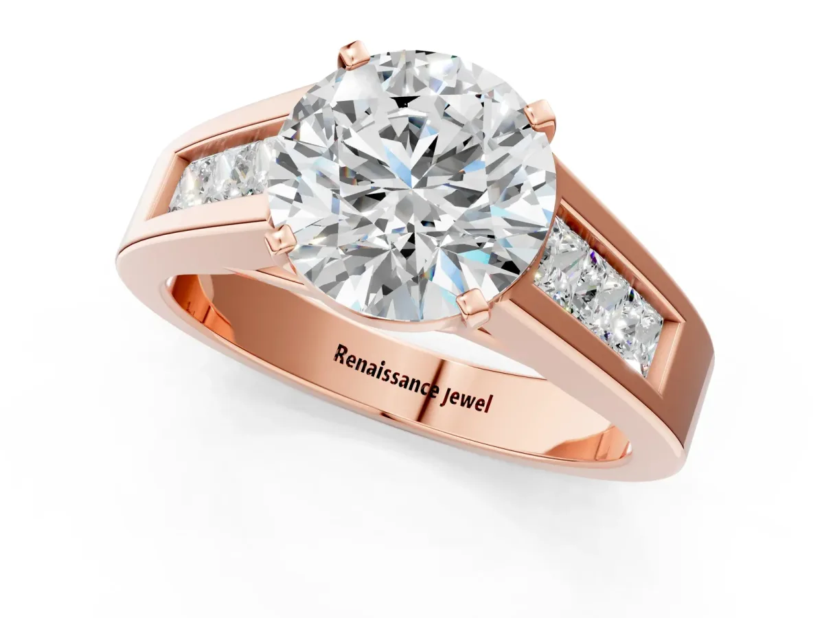 Round Cut Cut Channel Set Solitaire Ring with Four-Prong Setting Rose gold
