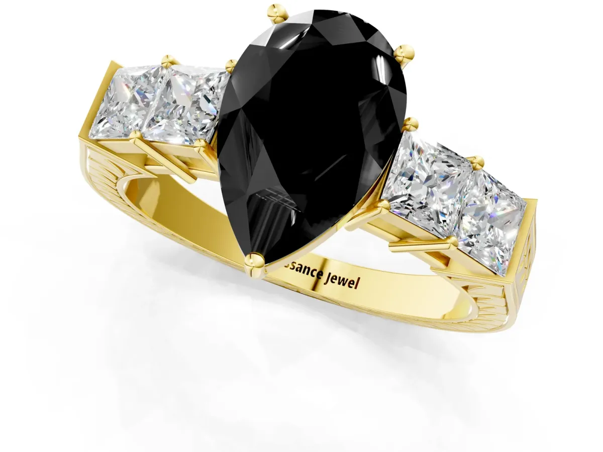 Fancy Black Pear Cut Solitaire Princess Side Stone Engraved Band Prong Setting Ring Yellow gold