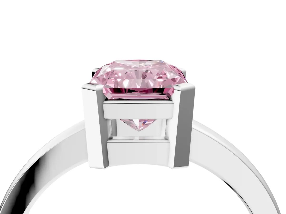Fancy Pink Radiant Cut Cut Solitaire Ring with Four-Prong Setting and Classic Band Platinum