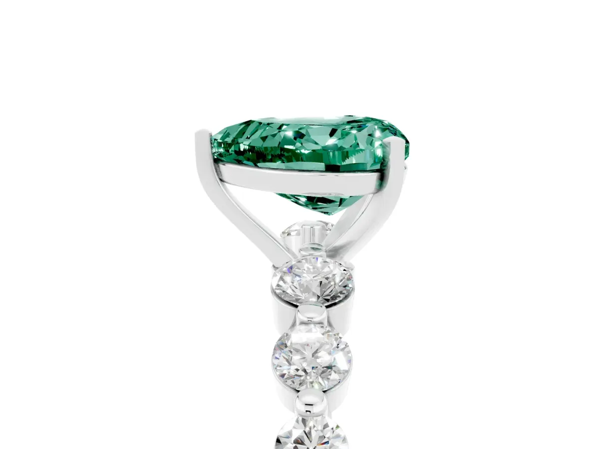 Heart Cut Solitaire Green Sapphire Ring with Pave Band and Four-Prong Setting Silver